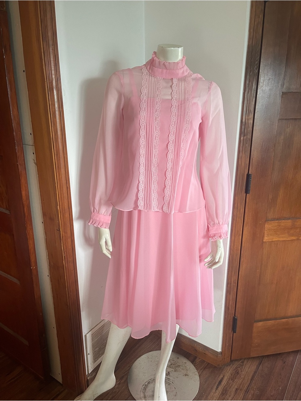 2-PIECE Vintage Pink Chiffon Lace Long / Short Sleeve Dress